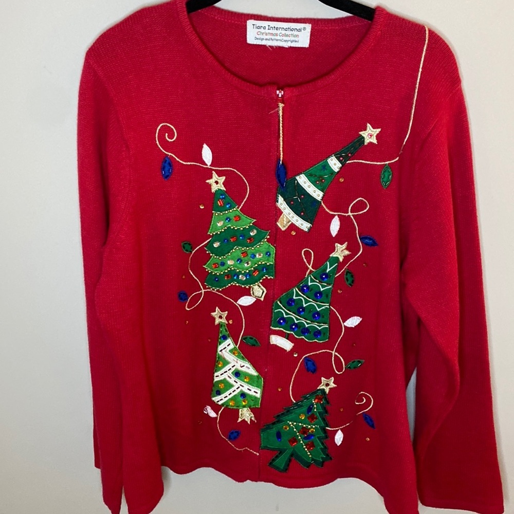 TIARA International Christmas Collection Tree Design Zipper Cardigan Red Sz L